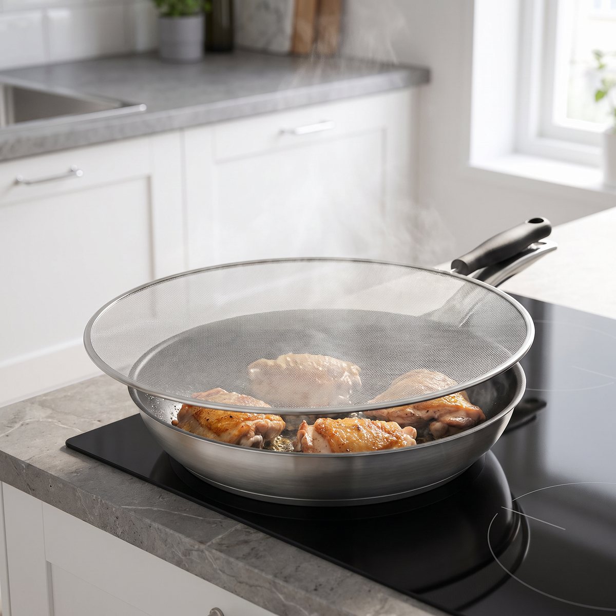 Kitchencraft stänkskydd med finmaskigt nät över en stekpanna med kycklinglår på induktionshäll i ett svenskt kök