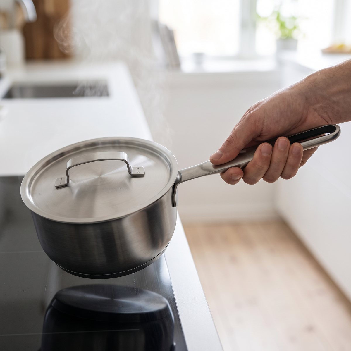 Fiskars All Steel-kastrull med lock på en induktionshäll i ett svenskt kök