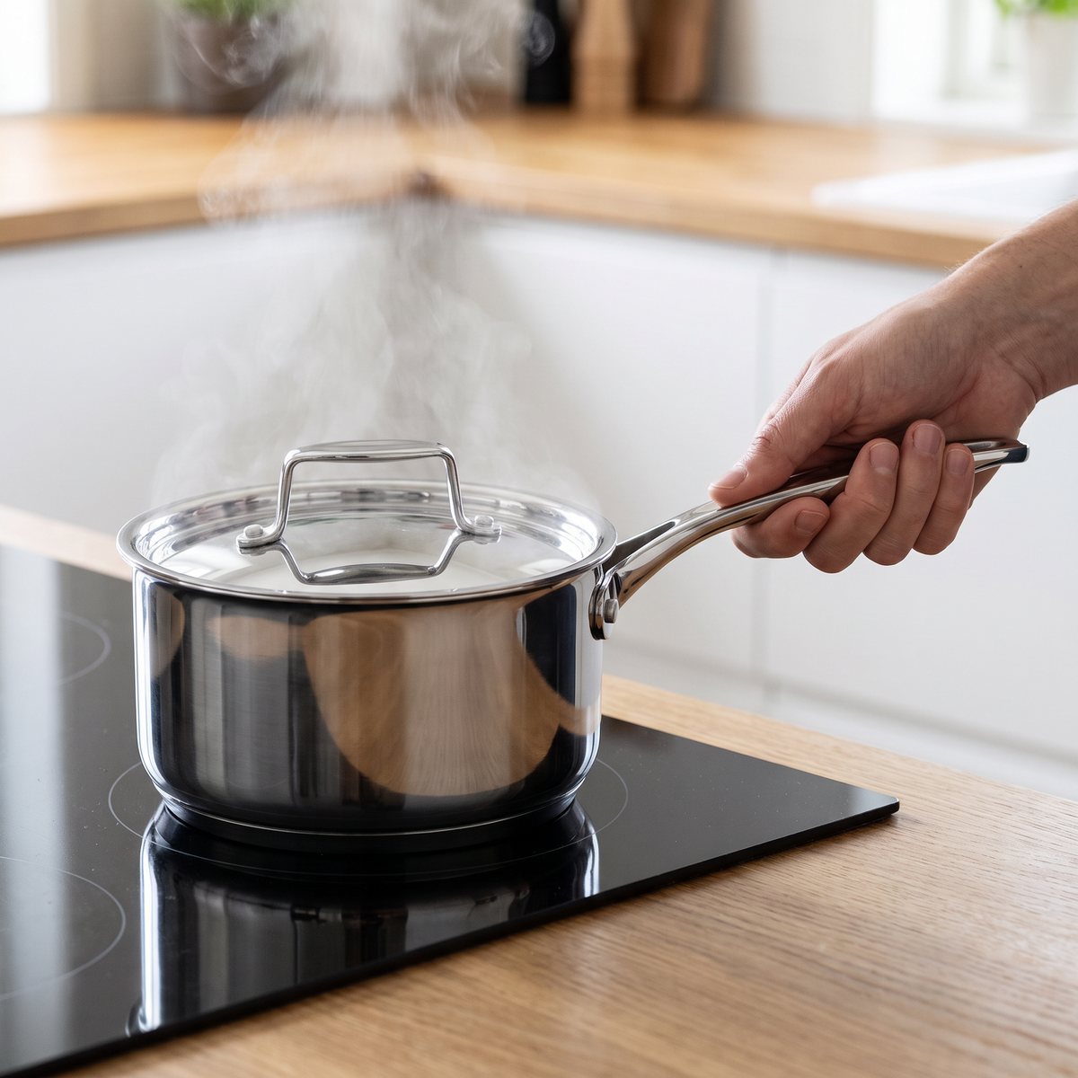 Scanpan Fusion 5-kastrull med lock på en induktionshäll i ett svenskt kök