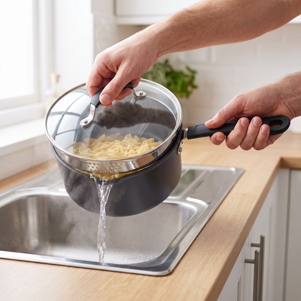 Tefal Jamie Oliver-kastrull med lock med silhål, pasta hälls av över diskhon