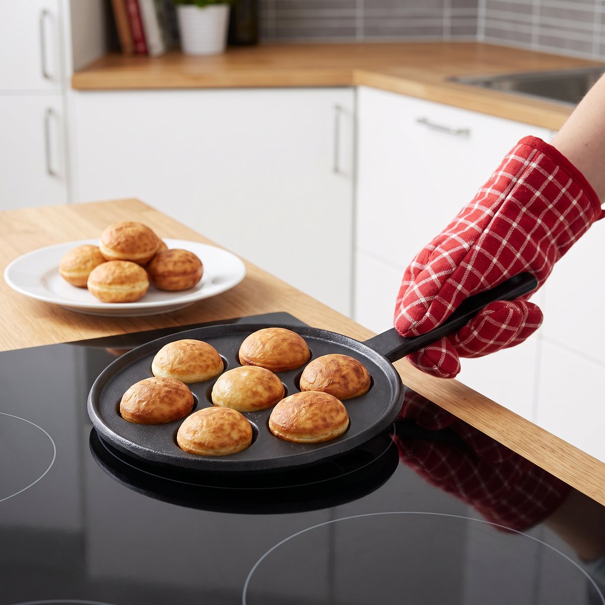 Kitchen Craft munkpanna i gjutjärn med sju munkar på en glaskeramikhäll, handtaget hålls med en rutig grytvante och färdiga munkar ligger på ett fat bredvid