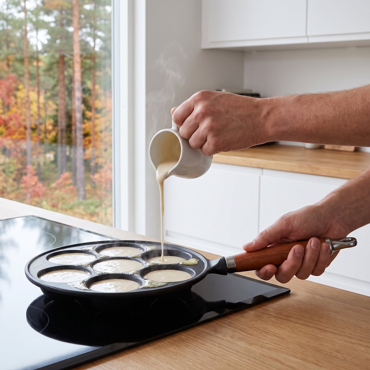 Smet hälls i de sju hålen i Le Creusets svarta munkpanna med bokhandtag på en induktionshäll i ett ljust kök med höstig tallskog utanför