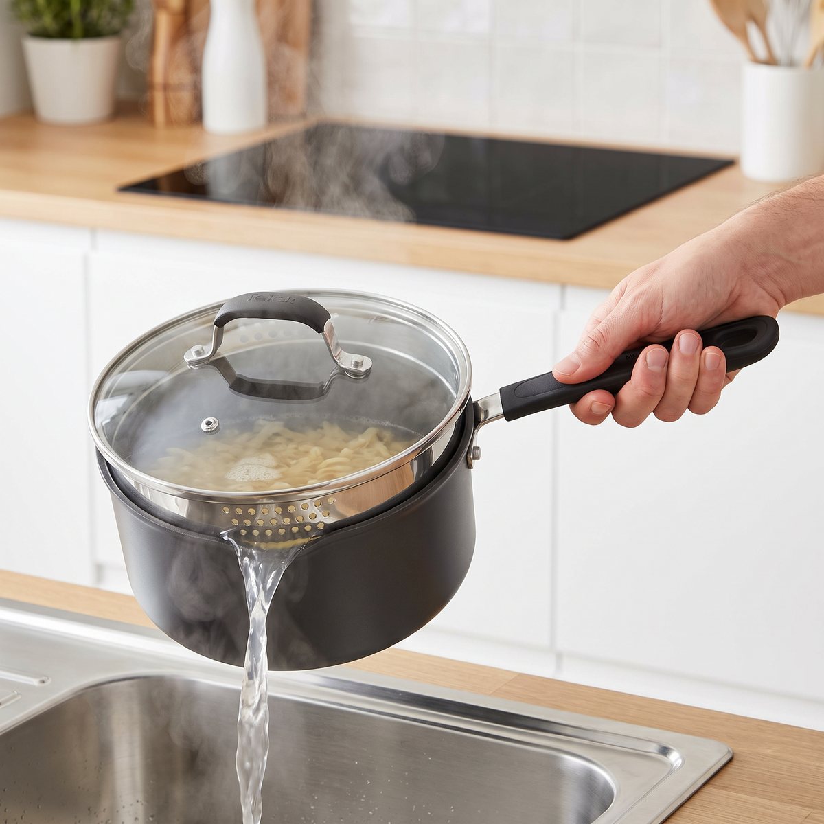 Tefal Jamie Oliver Quick & Easy-kastrull med silande lock som tömmer pastavatten i en diskho i ett svenskt kök