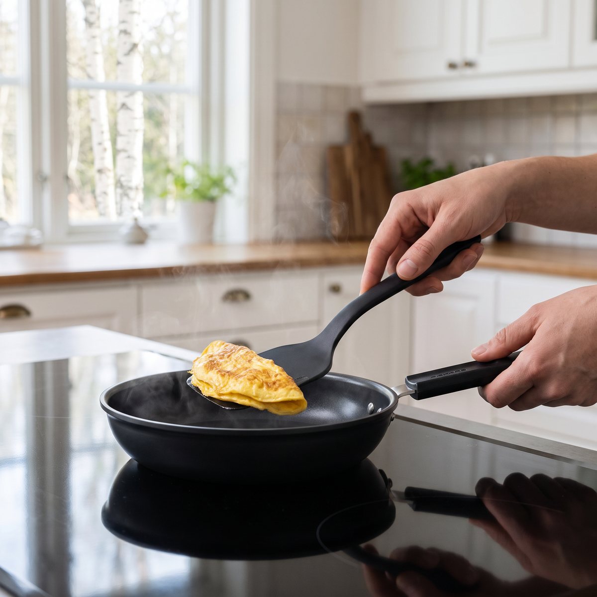 Fiskars Hard Face Ceratec Superior stekpanna med omelett på induktionshäll i ett vitt svenskt kök