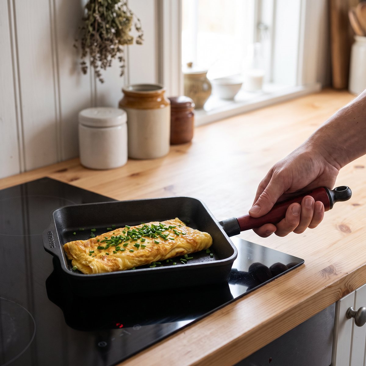 Skeppshult rektangulär omelettpanna i gjutjärn med trähandtag på induktionshäll i ett svenskt stugkök
