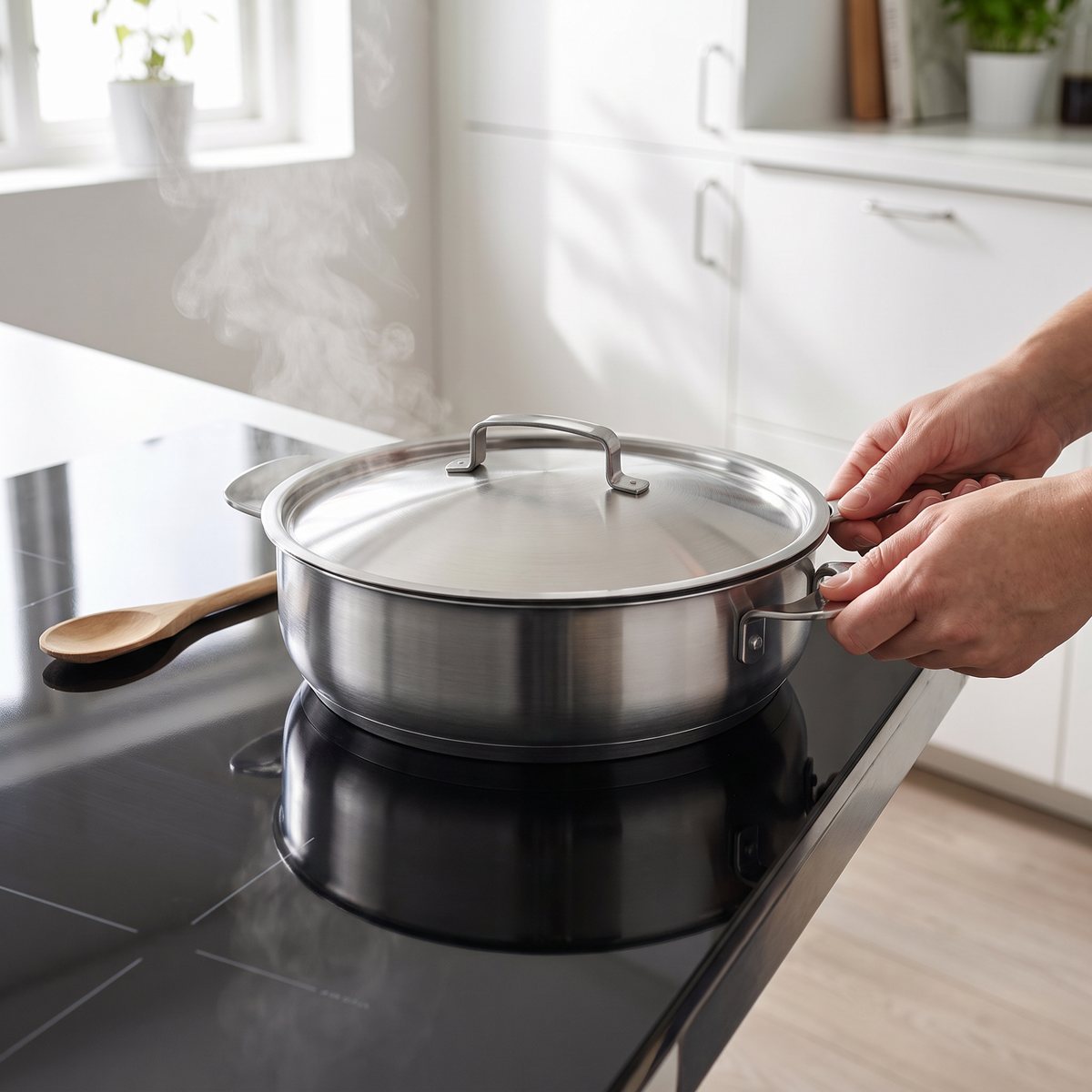 Fiskars All Steel ugnspanna med lock på induktionshäll i ett svenskt kök