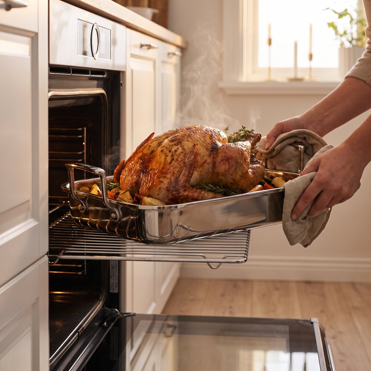 Scanpan STS roaster med galler och kalkon i ugnen i ett svenskt hemkök