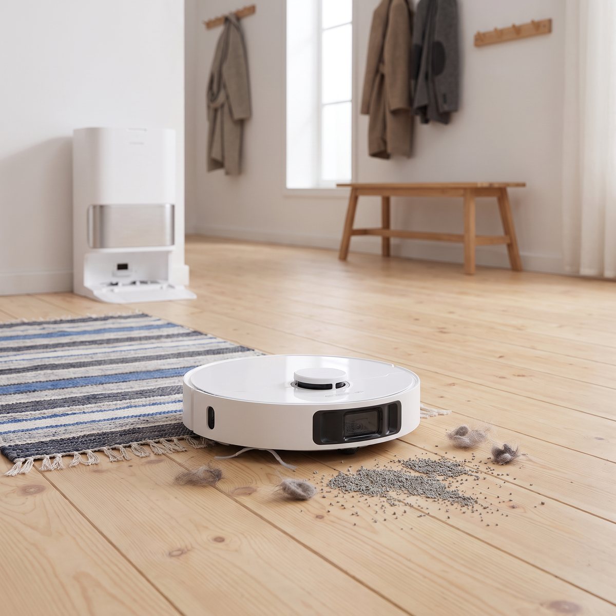 Vit Dreame L10s Ultra Gen 3 dammsuger upp kattsand och djurhår på ett furugolv i en svensk hall med trasmatta, basstationen vid väggen