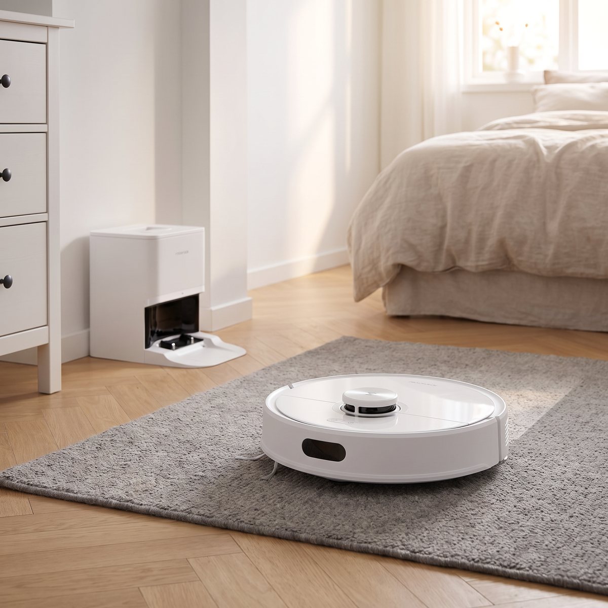 Vit Roborock Q7 TF+ dammsuger en grå ullmatta i ett svenskt sovrum, den lilla självtömmande stationen bredvid byrån