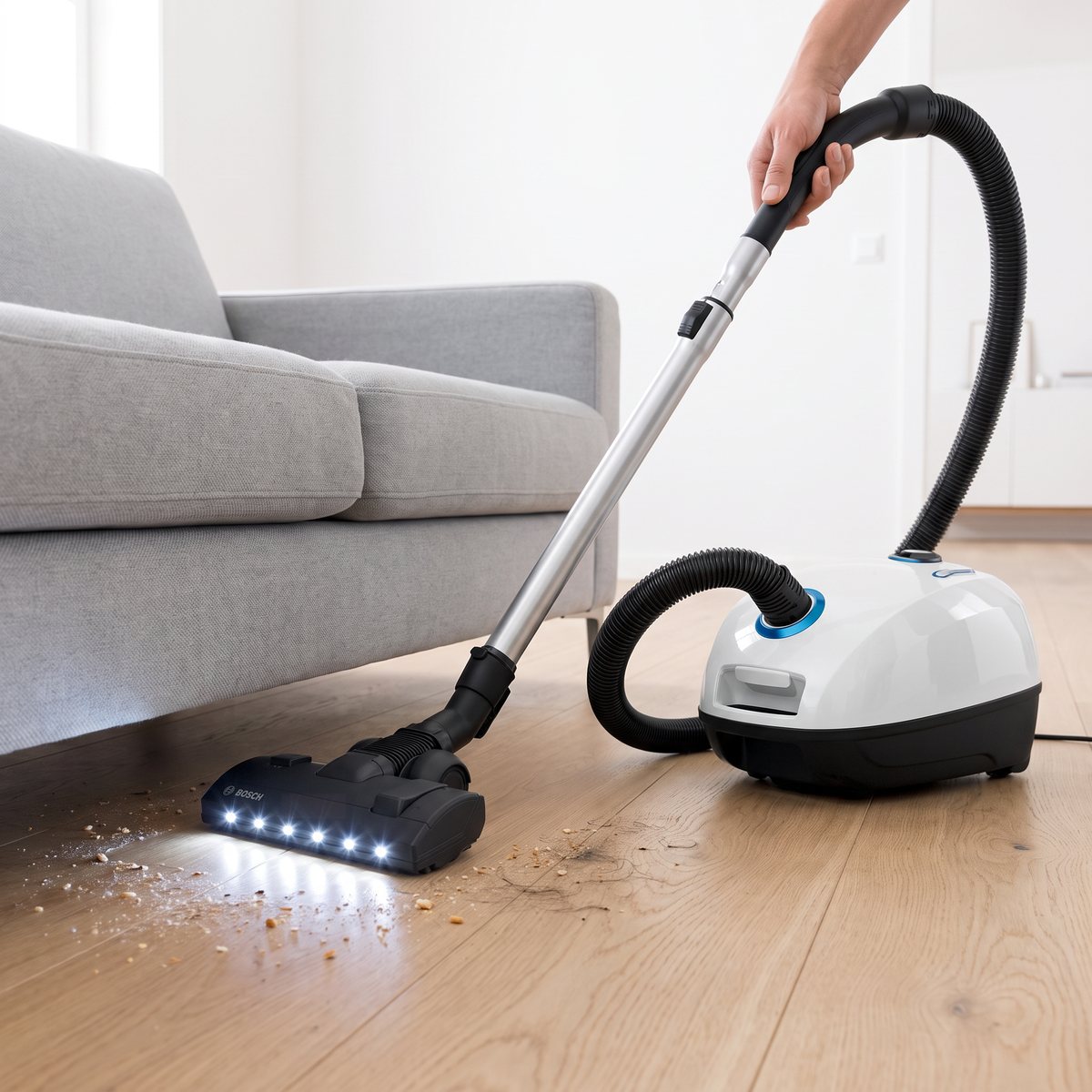 Vit Bosch ProSilence vars munstycke med LED-lampor lyser upp damm och smulor under en grå soffa