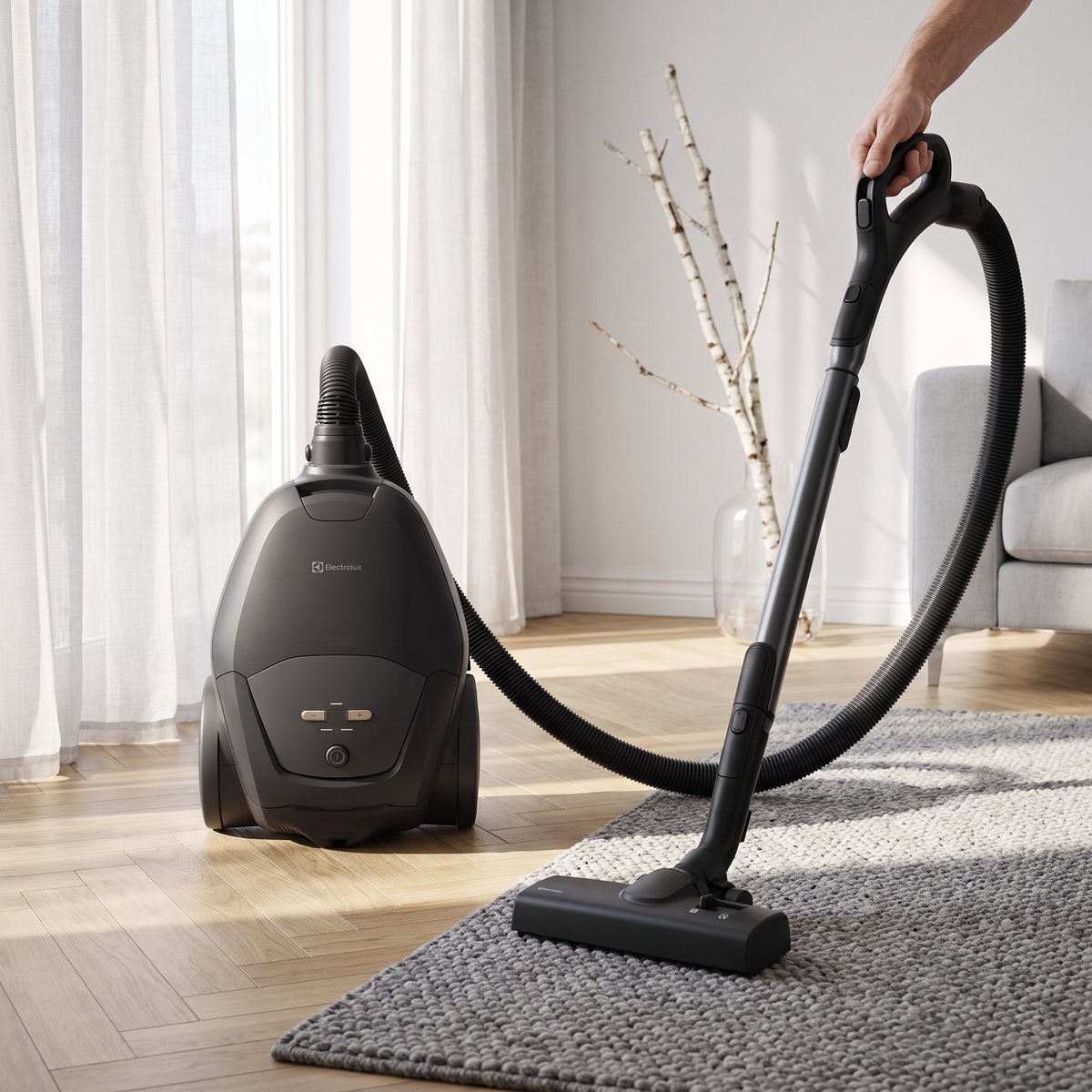 Electrolux 700 Silent i mörkgrått dammsugs på en grå ullmatta i ett ljust svenskt vardagsrum med ekparkett