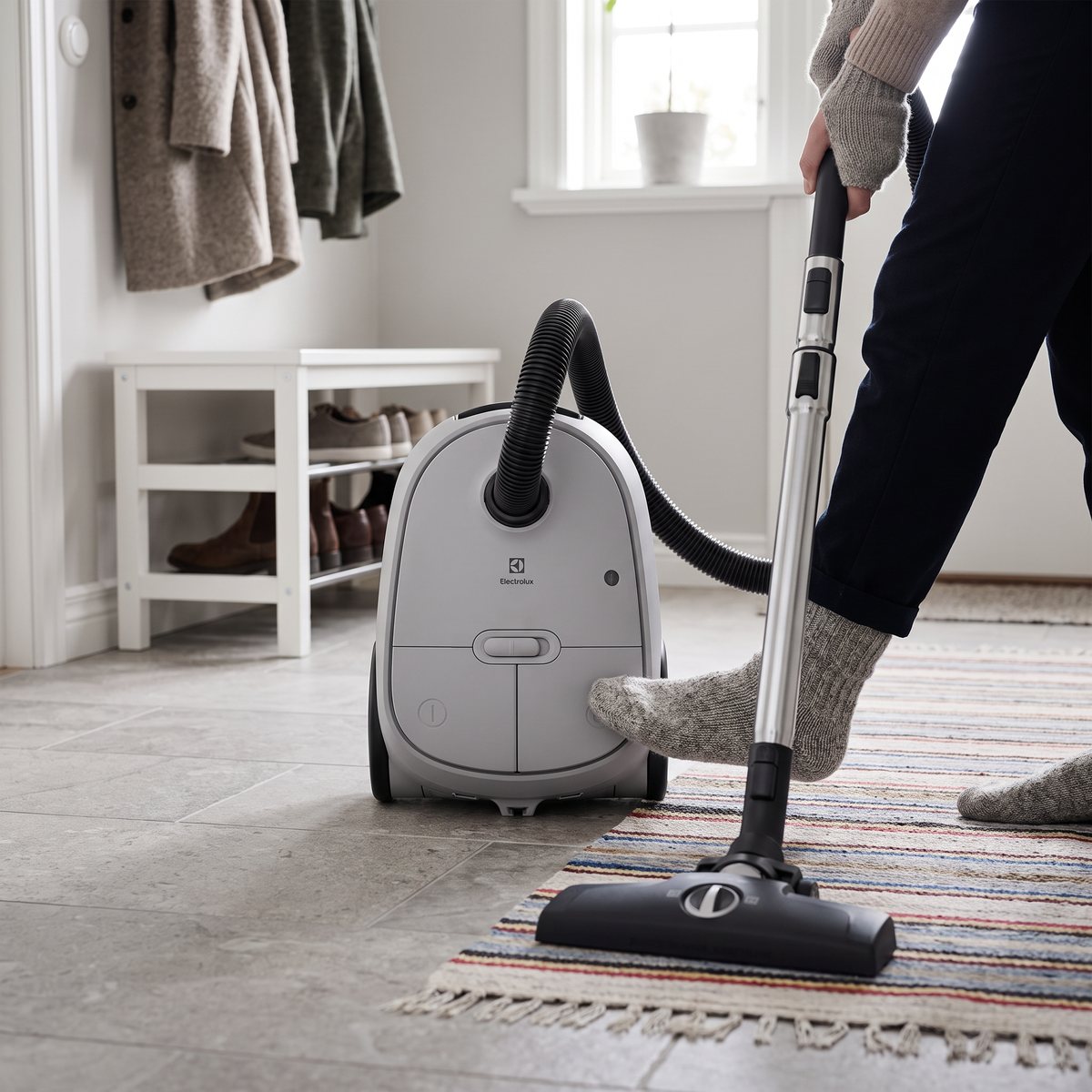 Ljusgrå Electrolux Clean 600 i en svensk hall med trasmatta och skobänk, en fot i ullsocka vid dammsugaren