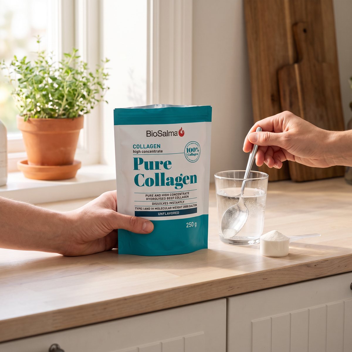 BioSalma Pure Collagen-påse på en köksbänk i ett svenskt kök med ett glas vatten som rörs om med en sked