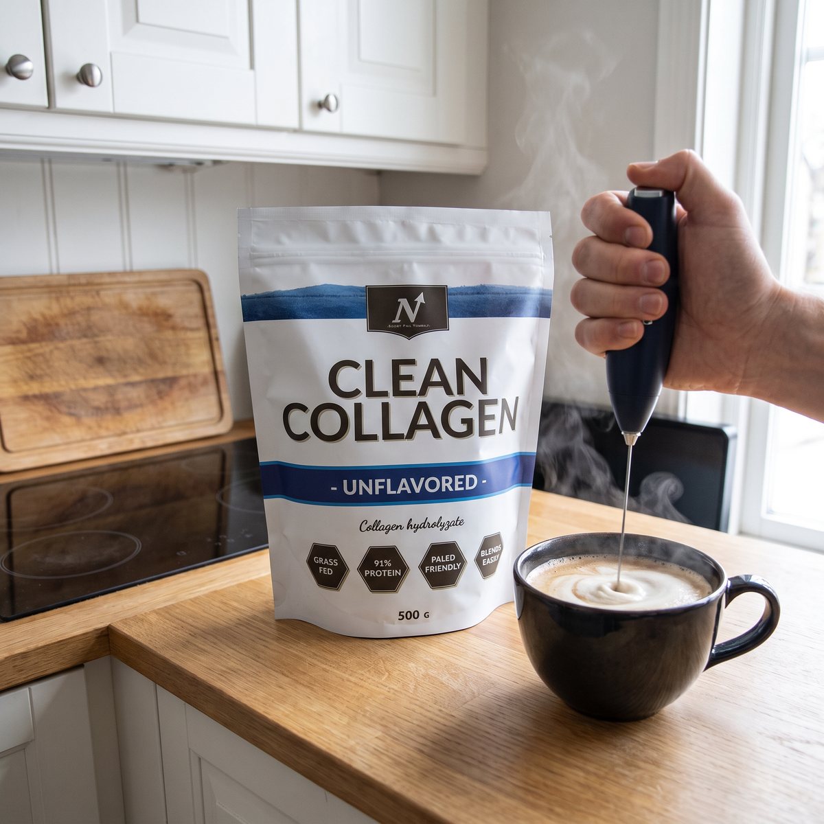 Nyttoteket Clean Collagen-påse på en träbänk i ett svenskt kök med en kaffekopp som vispas med mjölkskummare