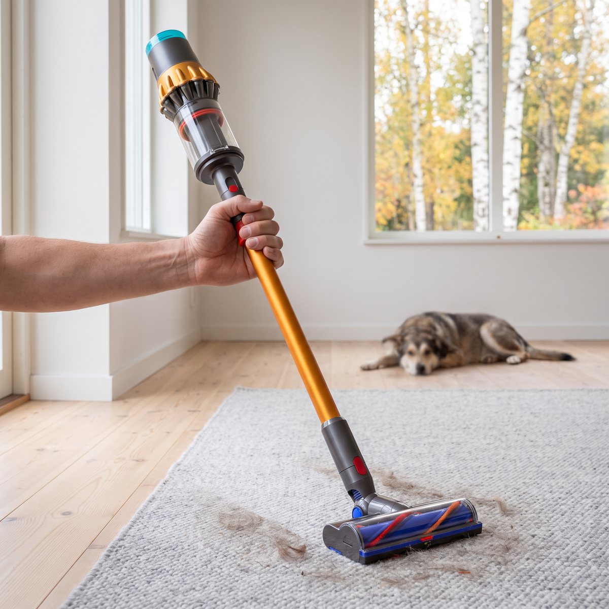 Dyson V16 Piston Animal dammsuger hundhår från en grå ullmatta i ett ljust svenskt vardagsrum med björkar utanför fönstret