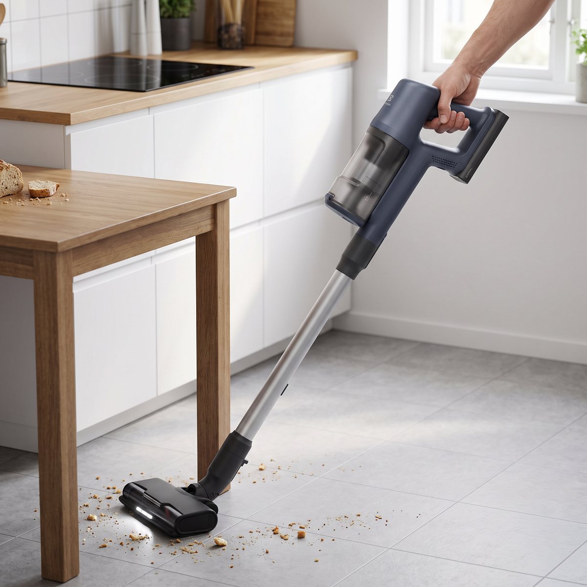 Electrolux 600 dammsuger brödsmulor på klinkergolvet under köksbordet i ett svenskt kök med induktionshäll