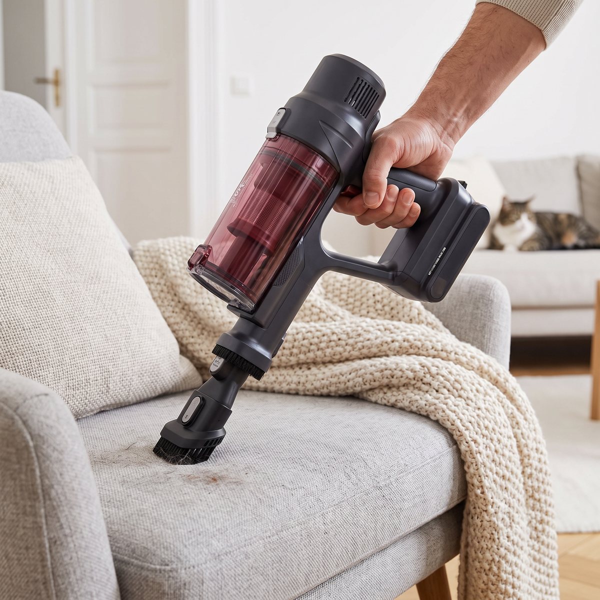 Tefal X-Pert 7.60 Animal med mini-turboborste tar katthår från en grå fåtölj i ett svenskt vardagsrum