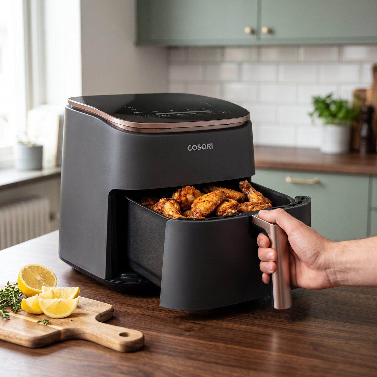 Cosori TurboBlaze Chef Edition med korgen utdragen och kycklingvingar i, på en mörk träbänk i ett svenskt kök med gröna luckor