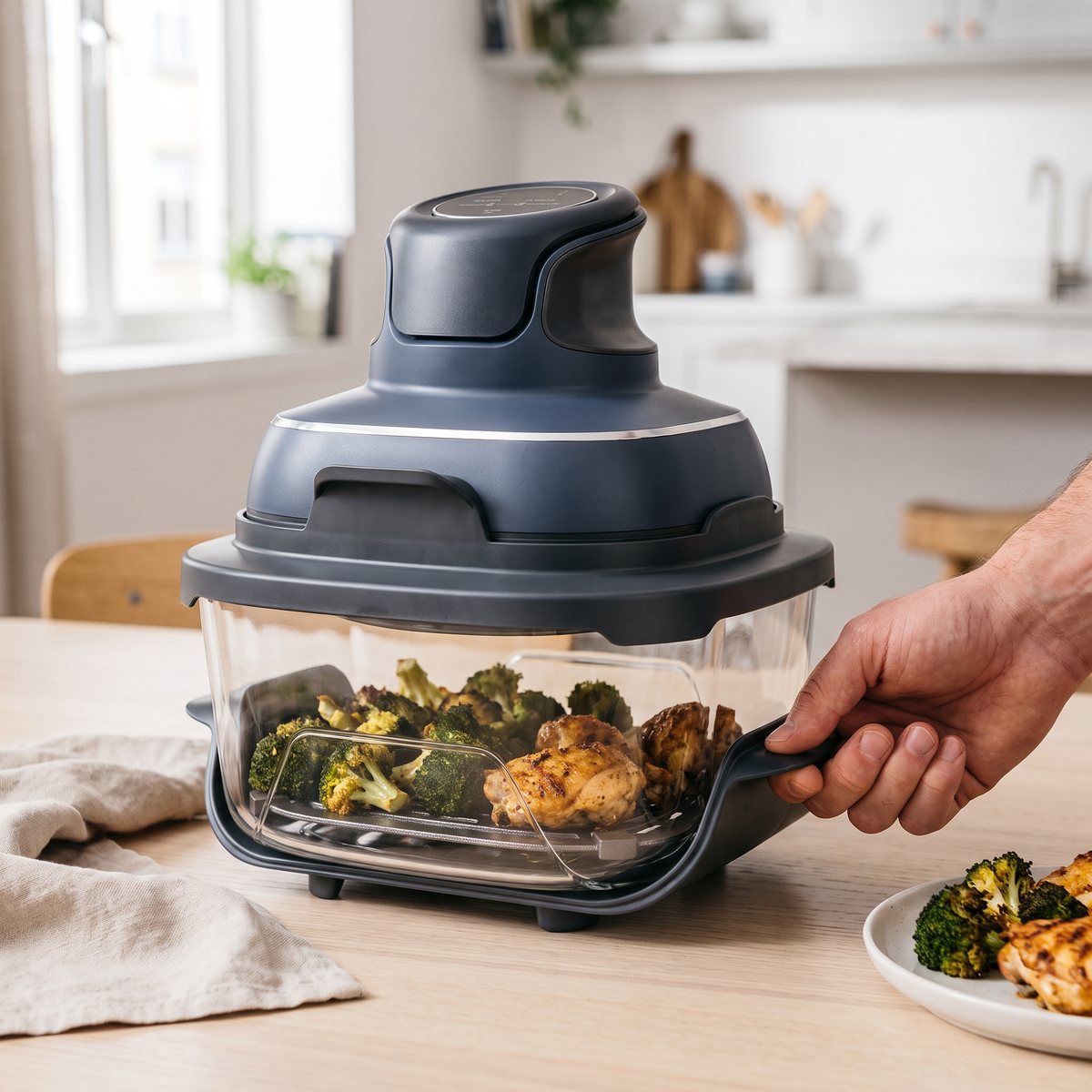 Ninja Crispi med värmedelen ovanpå glasformen, rostad broccoli och kyckling i formen på ett ljust köksbord