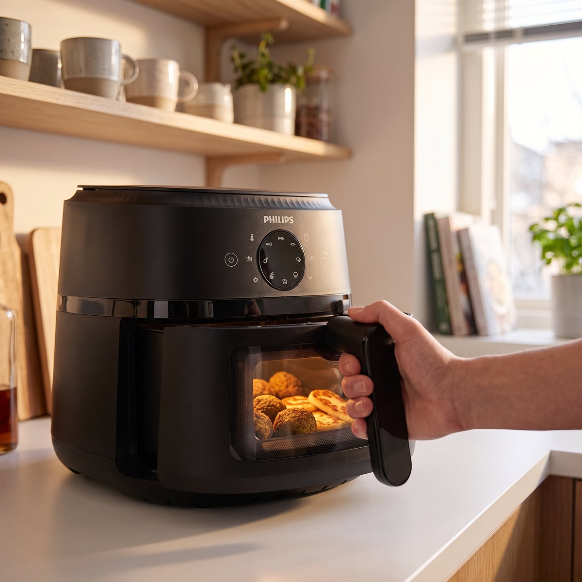 Philips 2000-serien NA230 med tänd lampa och mat synlig genom fönstret, en hand på handtaget i ett litet svenskt kök