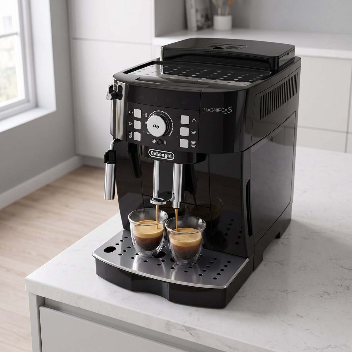 Svart De'Longhi Magnifica S som brygger två espresso samtidigt på en vit stenbänk i ett svenskt kök