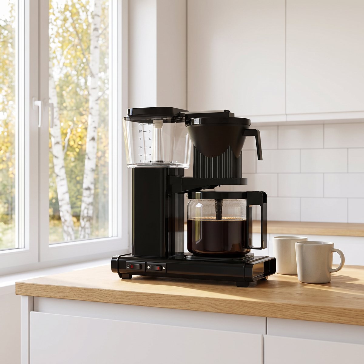 Svart Moccamaster Automatic som brygger kaffe i glaskannan på en ekbänk i ett ljust svenskt kök med björkar utanför fönstret