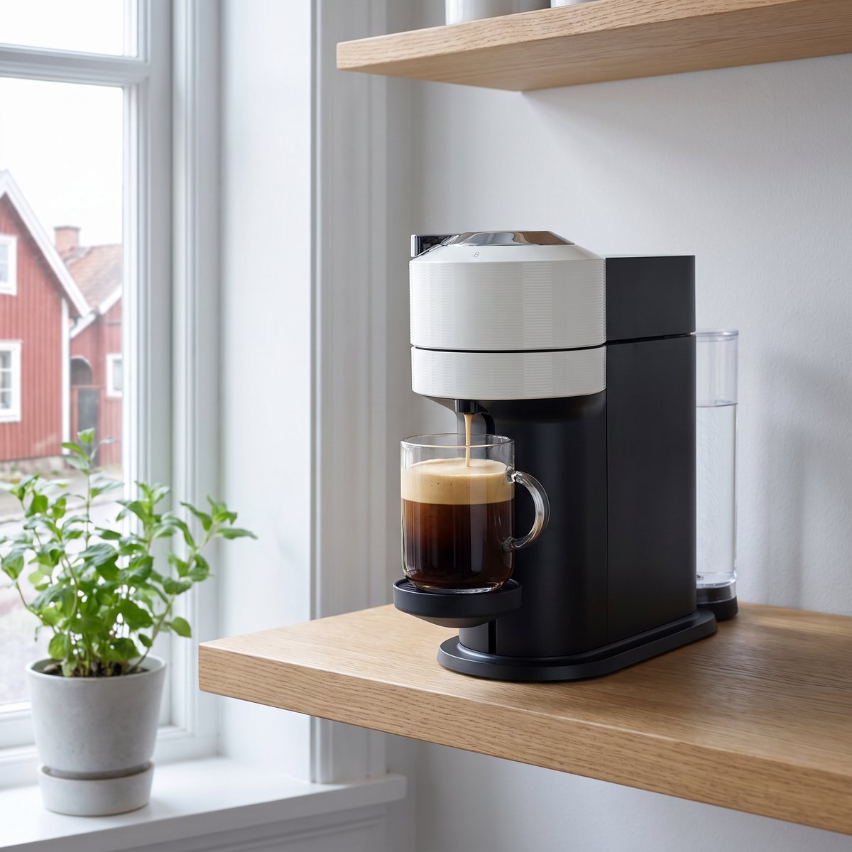Vit Nespresso Vertuo Next som brygger kaffe med tjockt skum i en glasmugg på en trähylla i ett svenskt kök med röda trähus utanför fönstret