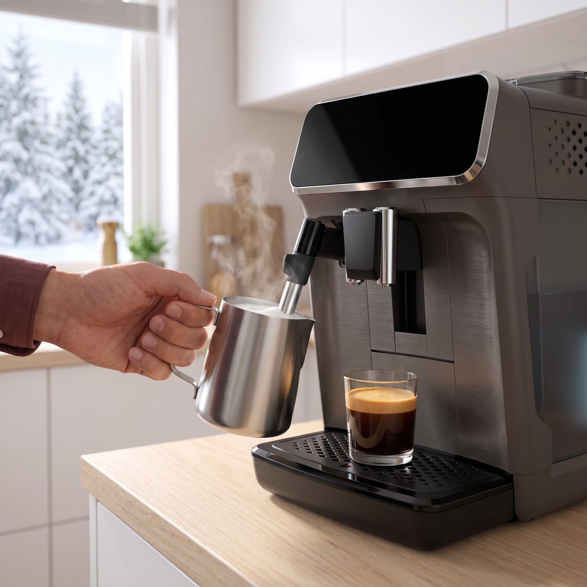 Hand som skummar mjölk i en stålkanna under ångröret på en Philips Series 2200 i ett svenskt kök med snöig gran utanför fönstret