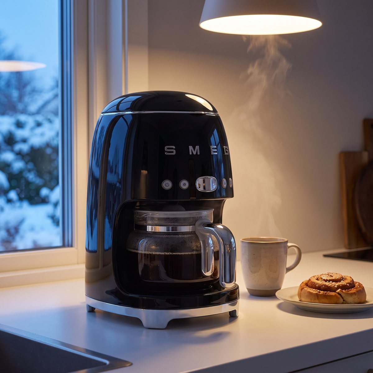 Svart Smeg DCF02 med nybryggt kaffe i glaskannan en tidig vintermorgon i ett svenskt kök, bredvid en mugg och en kanelbulle
