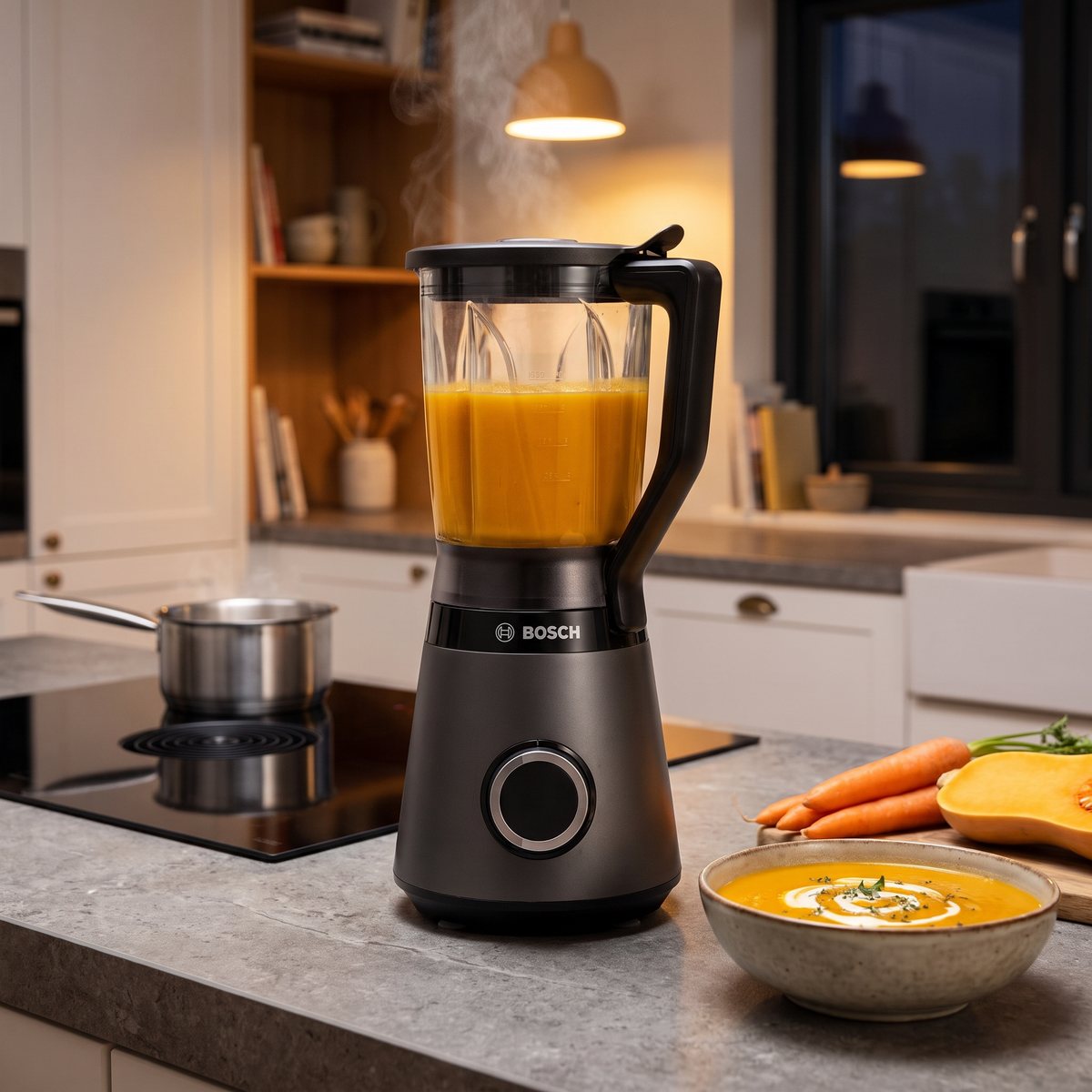 Bosch VitaPower Serie 4 med glaskannan full av varm morots- och pumpasoppa på en stenbänk, induktionshäll i bakgrunden en höstkväll