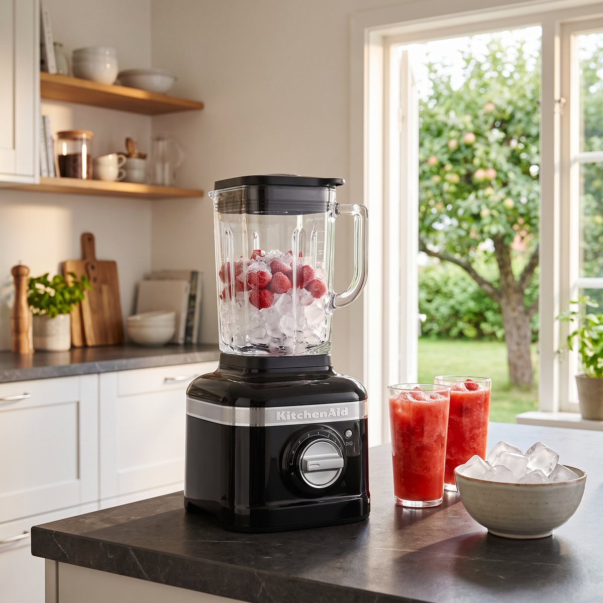 KitchenAid Artisan K400 i svart med glaskannan full av krossad is och frysta jordgubbar, två isdrinkar bredvid i ett svenskt kök med trädgårdsutsikt