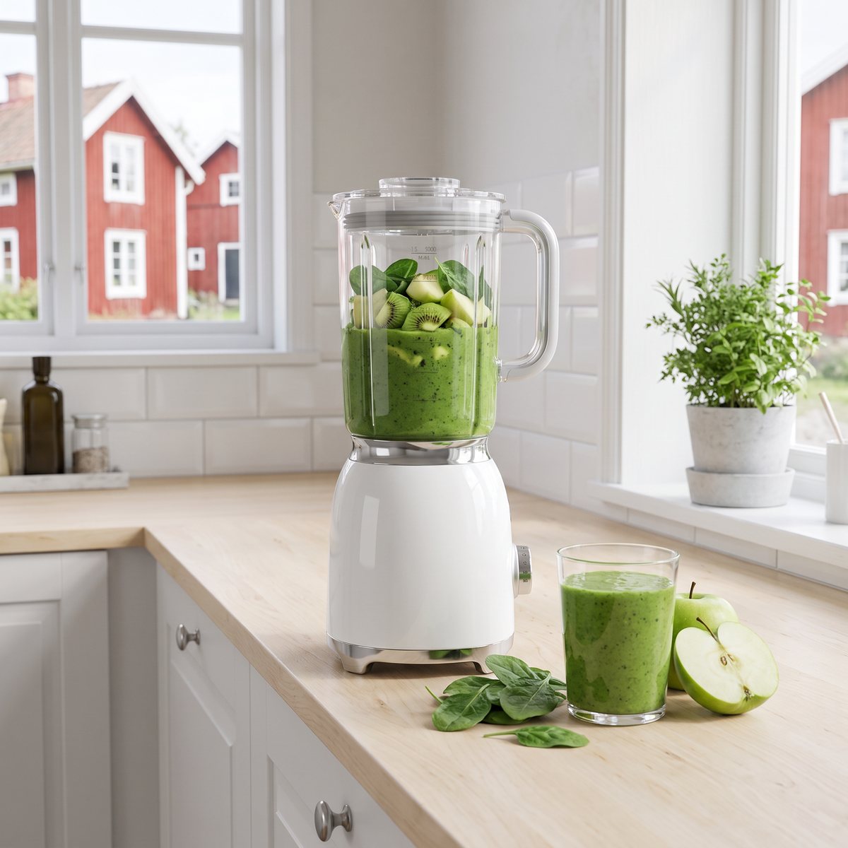 Vit Smeg 50's Style BLF03 som mixar grön smoothie med spenat och kiwi på en ljus träbänk, röda trähus utanför fönstret