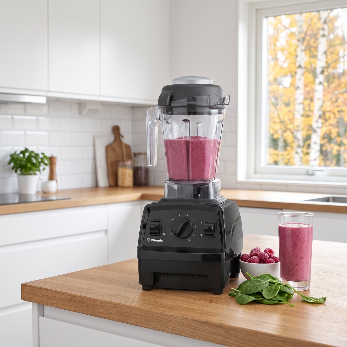Vitamix Explorian E310 med kannan full av hallonsmoothie på en ekbänk i ett ljust svenskt kök, frysta hallon och spenat bredvid