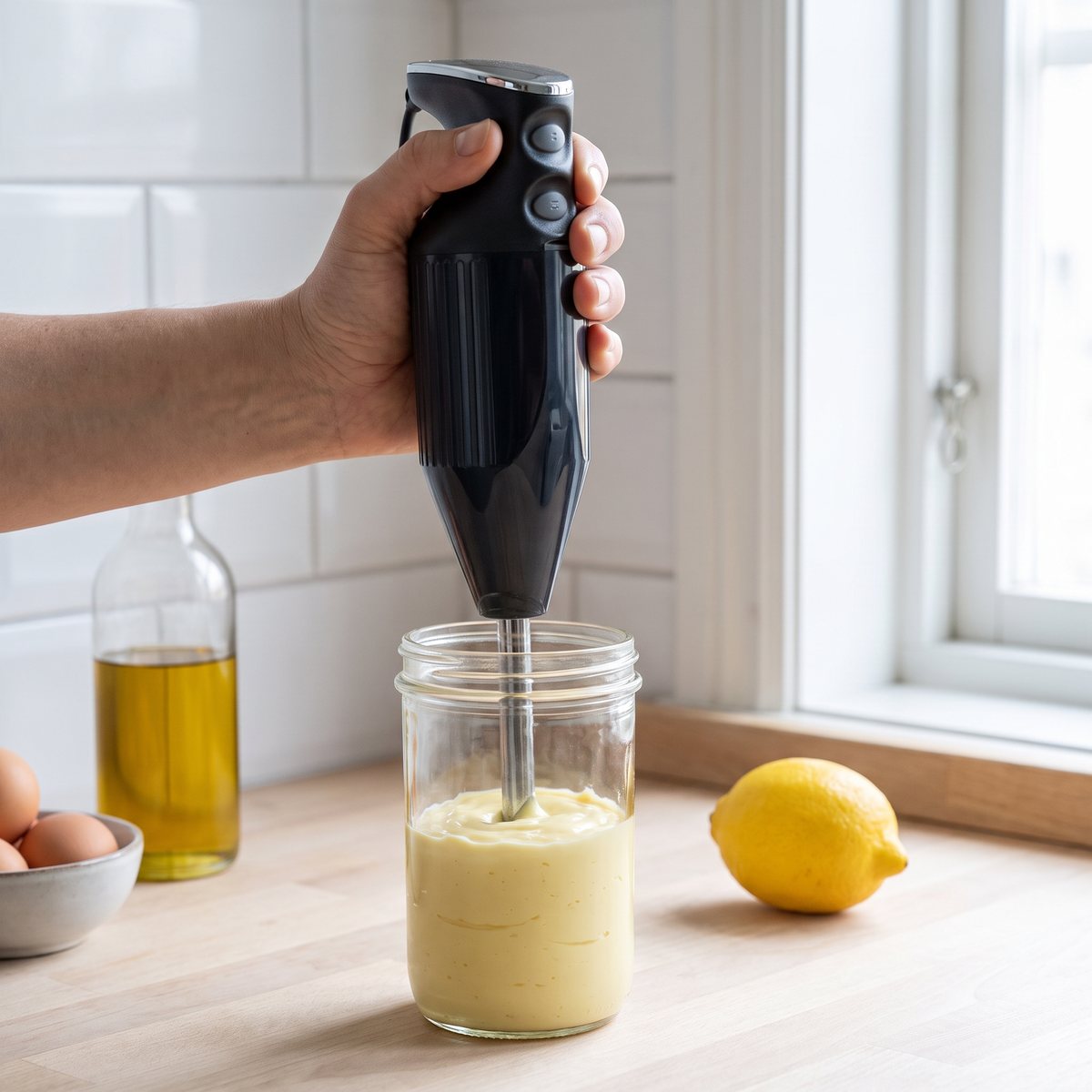 Bamix Prime mixar tjock majonnäs i en glasburk på en bänkskiva av björk i ett svenskt kök