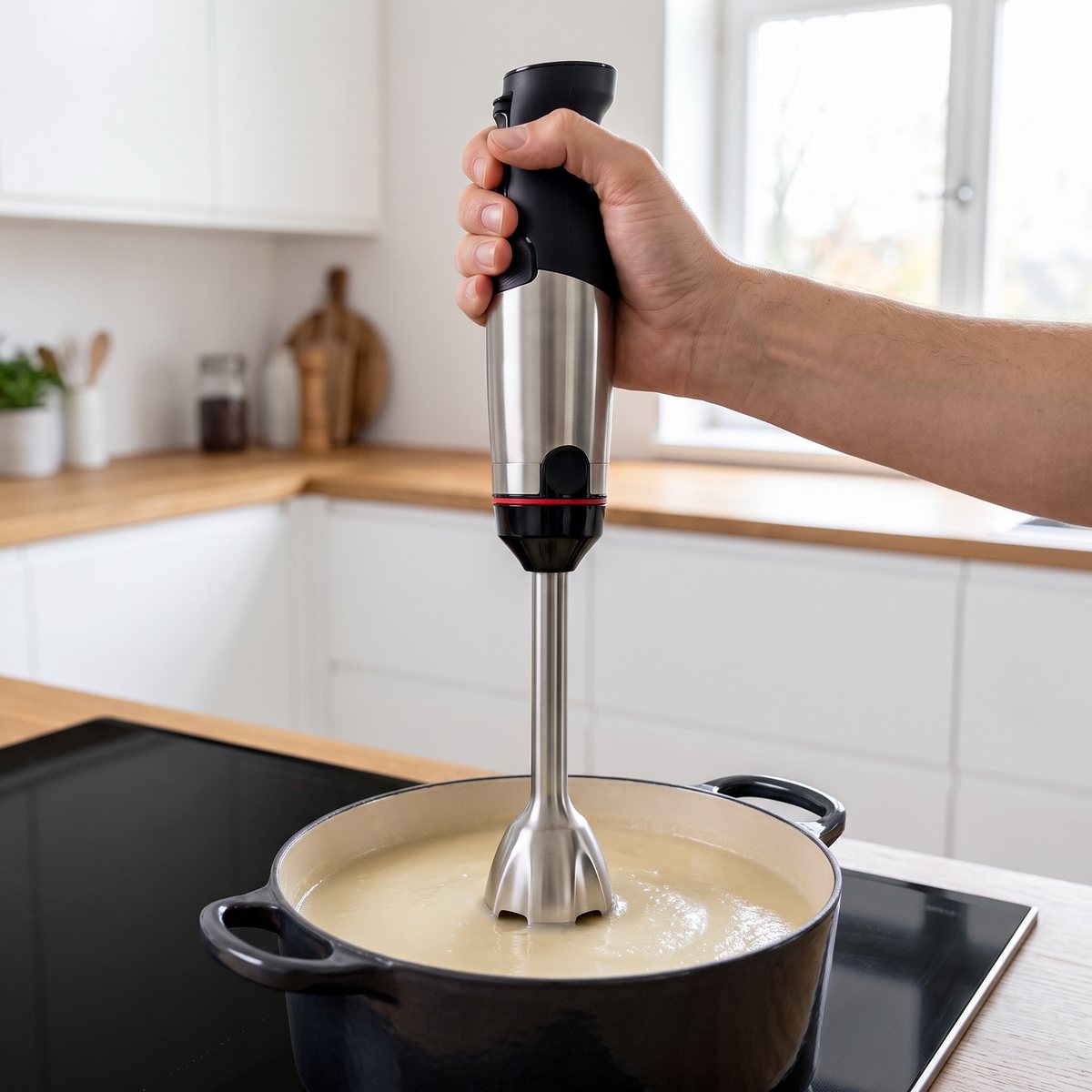 Bosch ErgoMaster Serie 6 mixar en krämig palsternacks- och potatissoppa i en gryta på induktionshällen i ett ljust svenskt kök