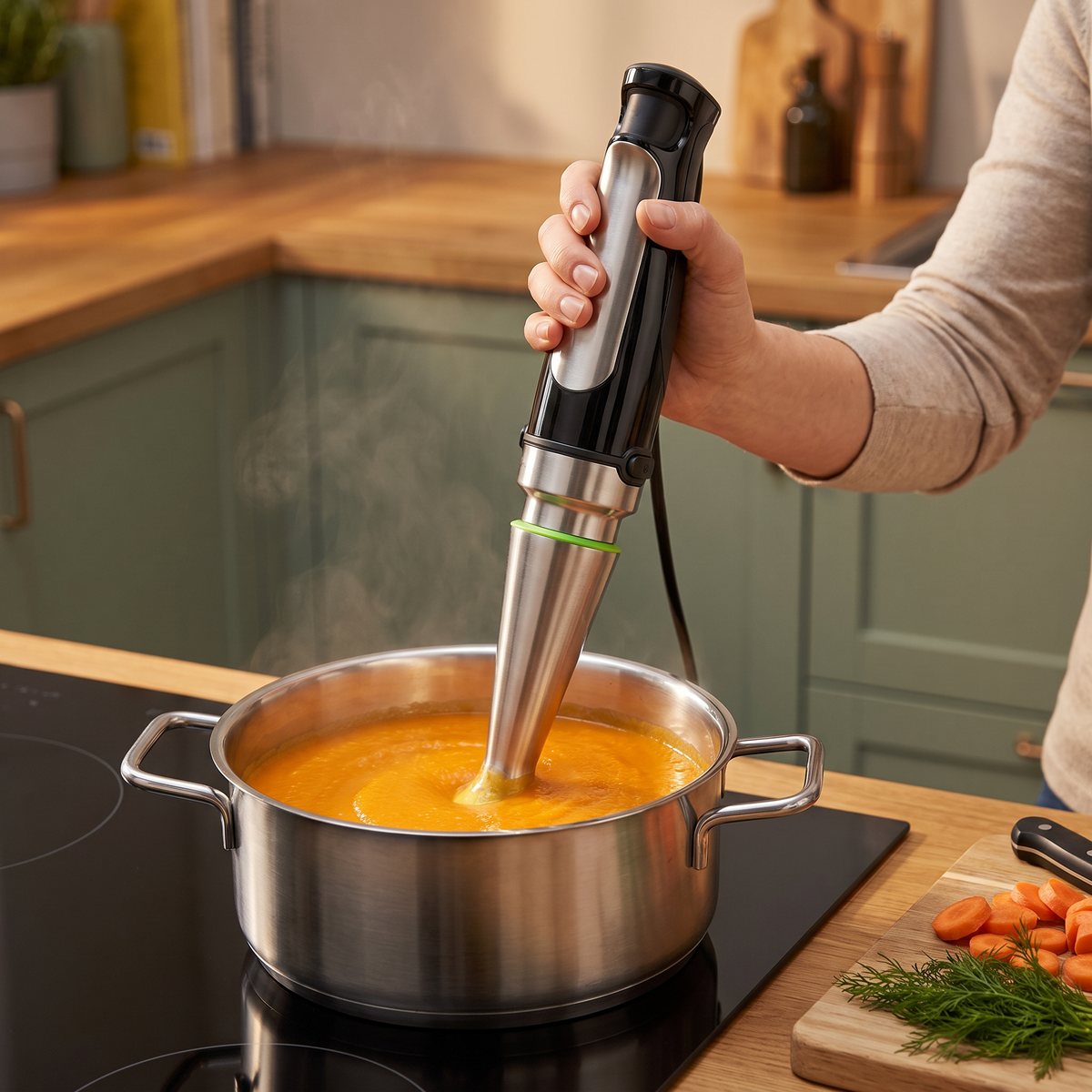 Braun MultiQuick 7 mixar het morotssoppa i en kastrull på induktionshällen i ett svenskt kök med gröna luckor