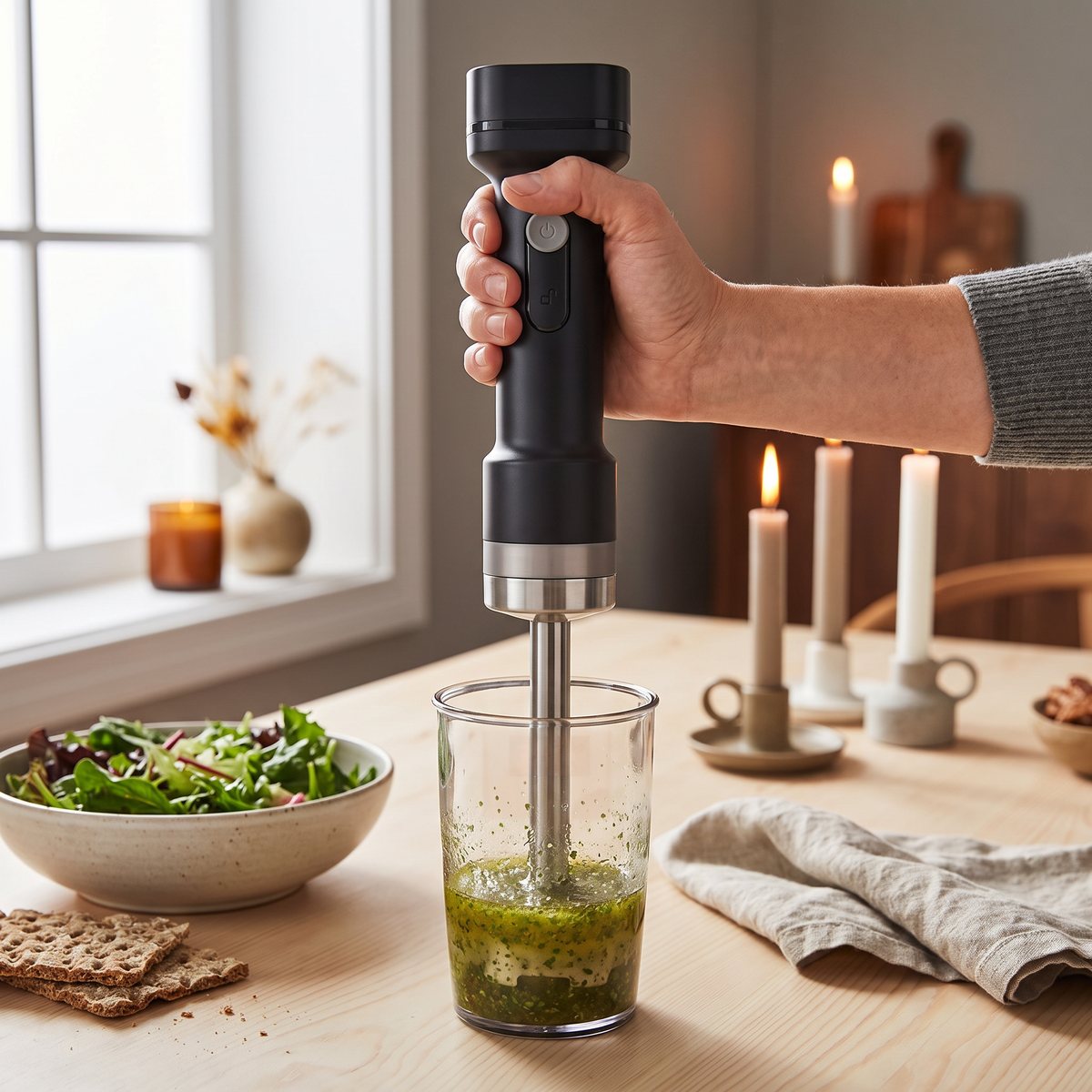 Sladdlös KitchenAid Go mixar en örtdressing i bägaren vid ett matbord av furu med sallad och knäckebröd