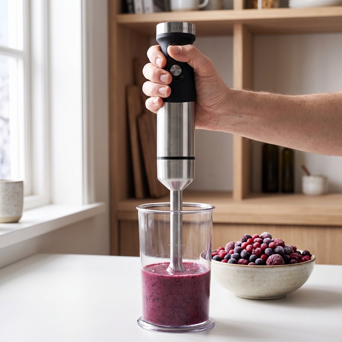 Wilfa Fusion mixar frysta lingon och blåbär till en tjock smoothie i mätbägaren i ett svenskt kök