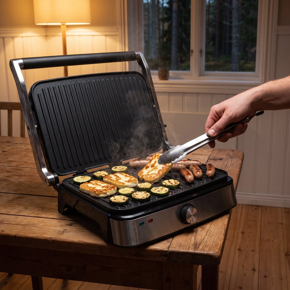 Nod panini- och smörgåsgrill med halloumi, zucchini och korv på grillplattan, på ett träbord i ett svenskt hem en höstkväll