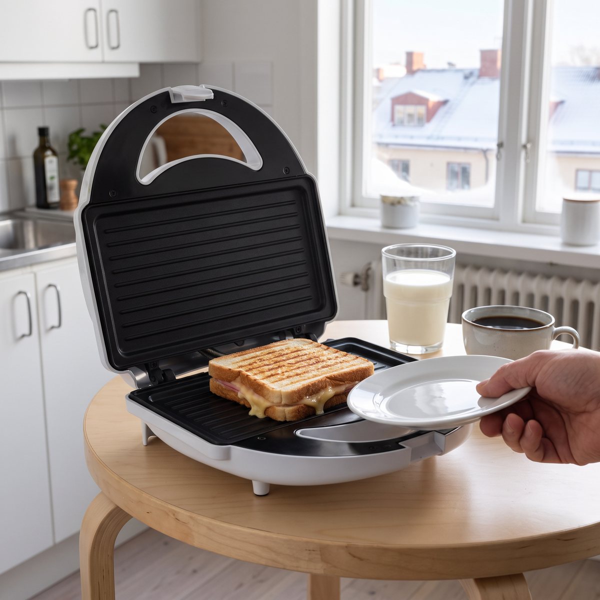 Vit Rubicson smörgåsgrill med en grillad skinkmacka på ett runt björkbord i ett svenskt lägenhetskök en vintermorgon