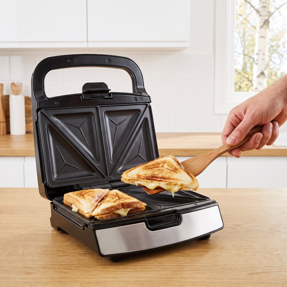 Tefal Snack Collection med uppfällt lock och trekantsmackor med smält ost på en ekbänk i ett ljust svenskt kök