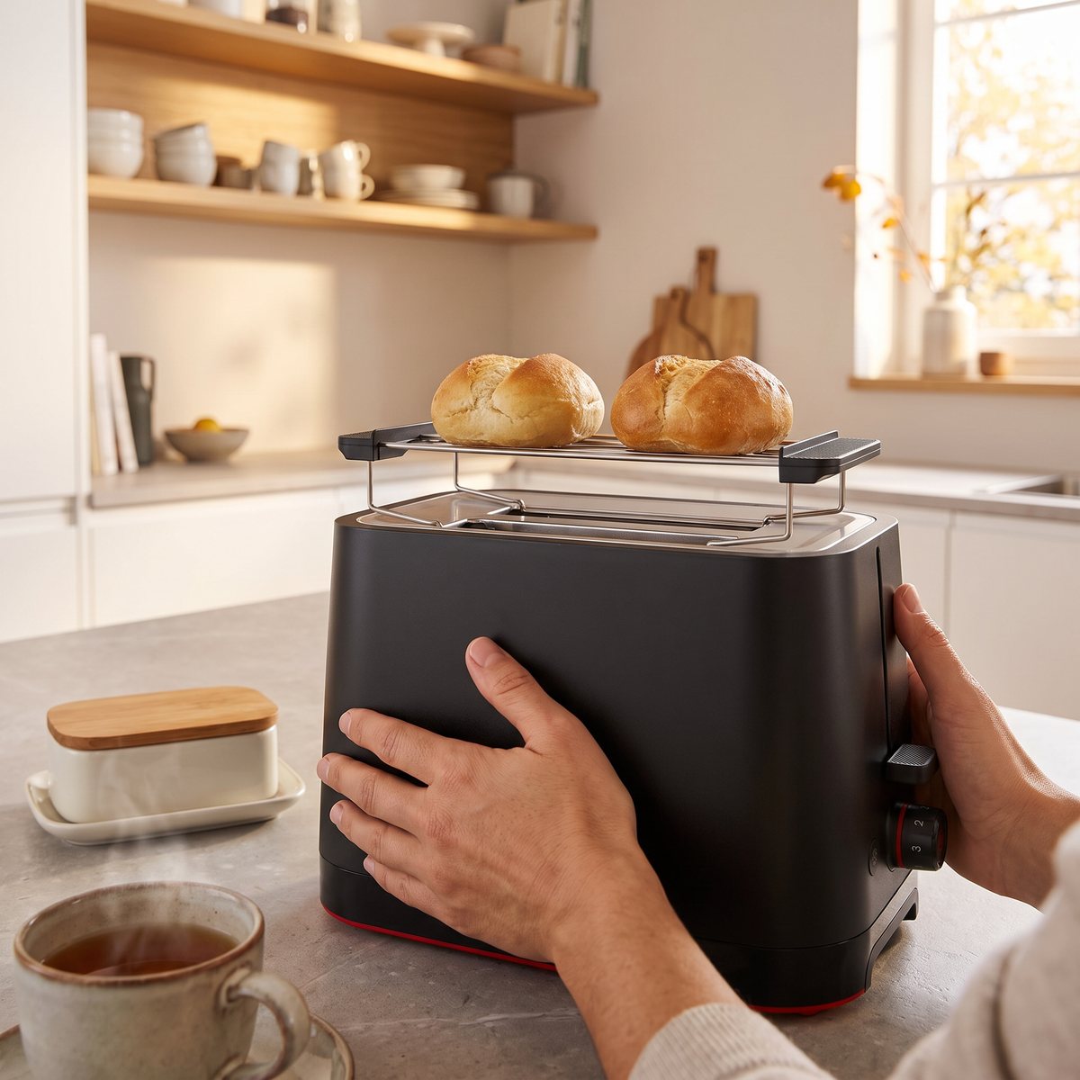 Mattsvart Bosch MyMoment med två frallor som värms på gallret ovanpå, på en stenbänk i ett svenskt kök med te och smörask