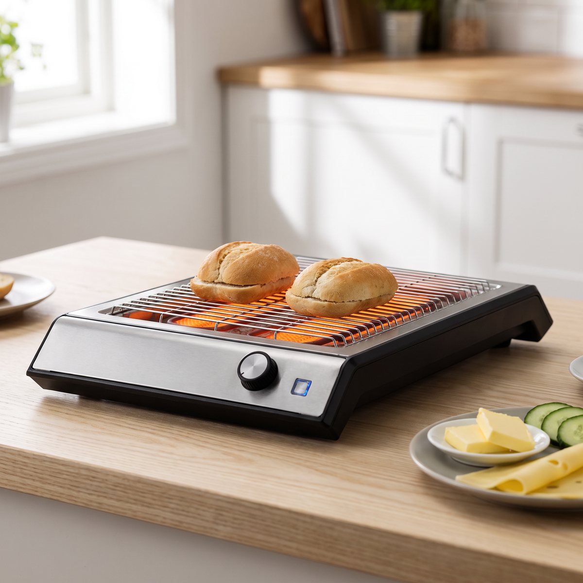 Platt OBH Nordica Inox Horizon med två frallor på gallret över glödande element, på en träbänk med smör, ost och gurka i ett svenskt kök