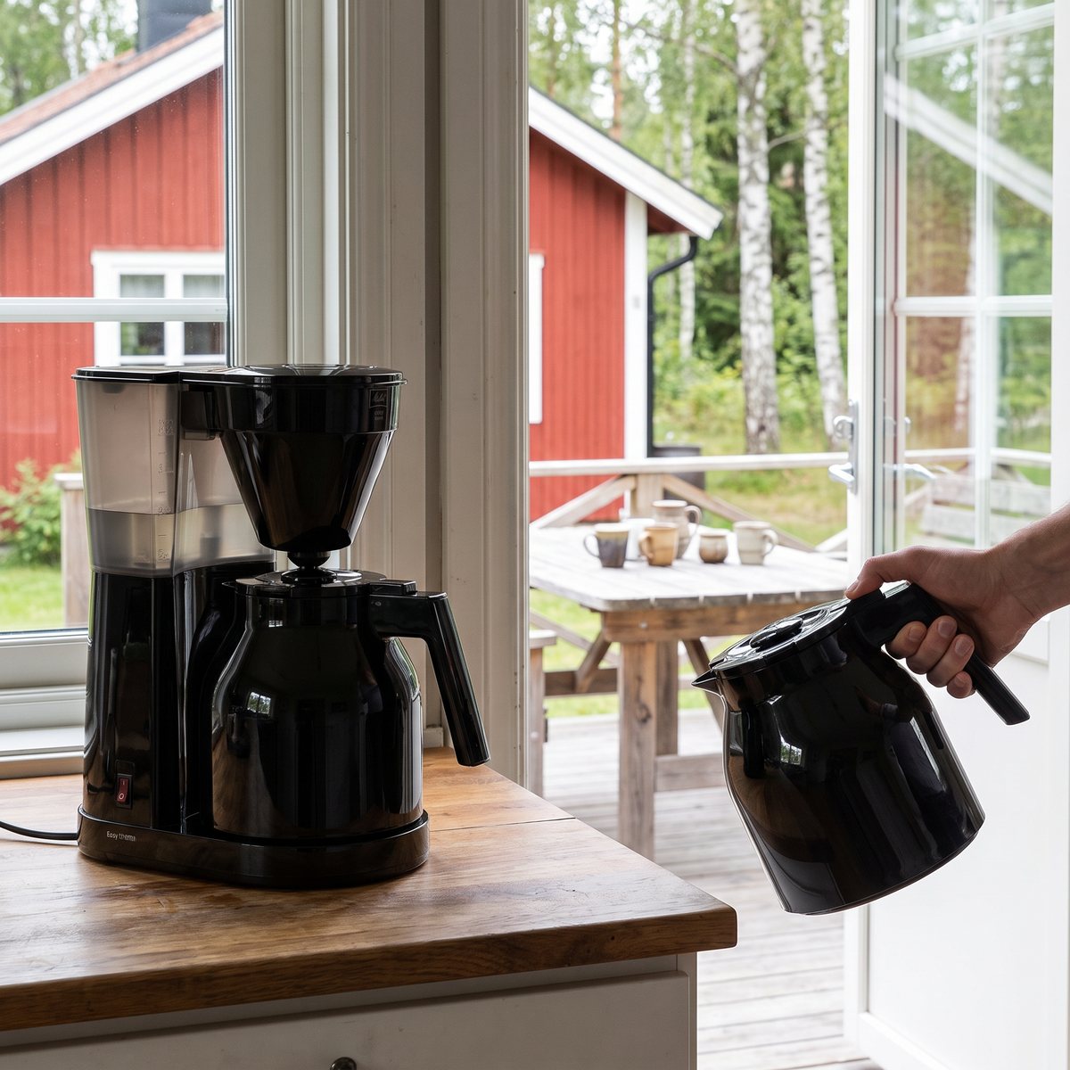 Svart Melitta Easy Therm brygger i den ena termoskannan medan en hand bär ut den andra mot altanen vid ett rött svenskt sommarhus