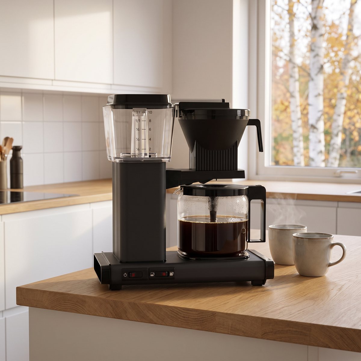 Moccamaster Optio i matt svart som brygger kaffe ner i glaskannan på en ljus ekbänk i ett svenskt kök med björkar utanför fönstret