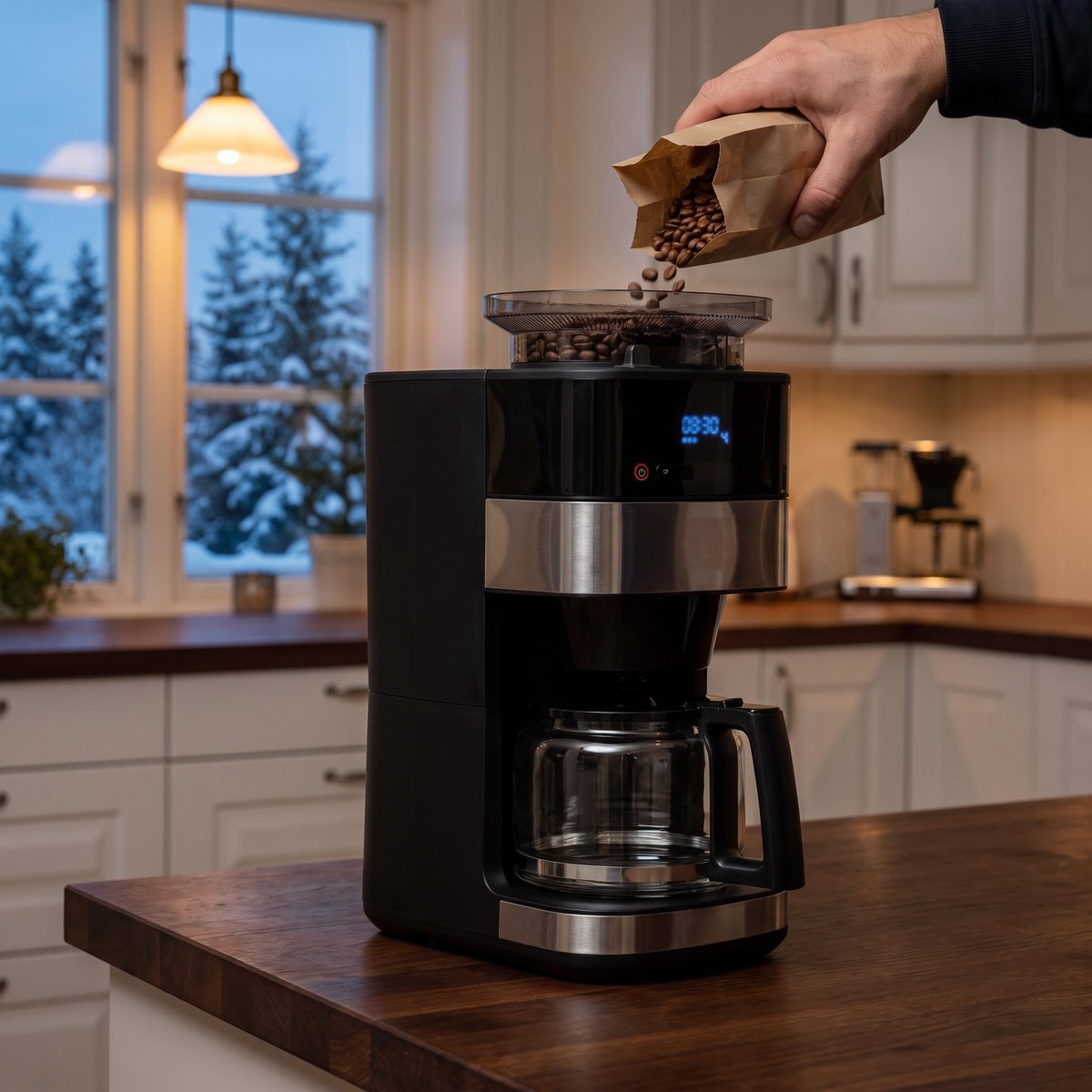 En hand häller hela kaffebönor i bönbehållaren på OBH Nordica Grind Aroma en mörk vintermorgon i ett svenskt kök med snötäckta granar utanför