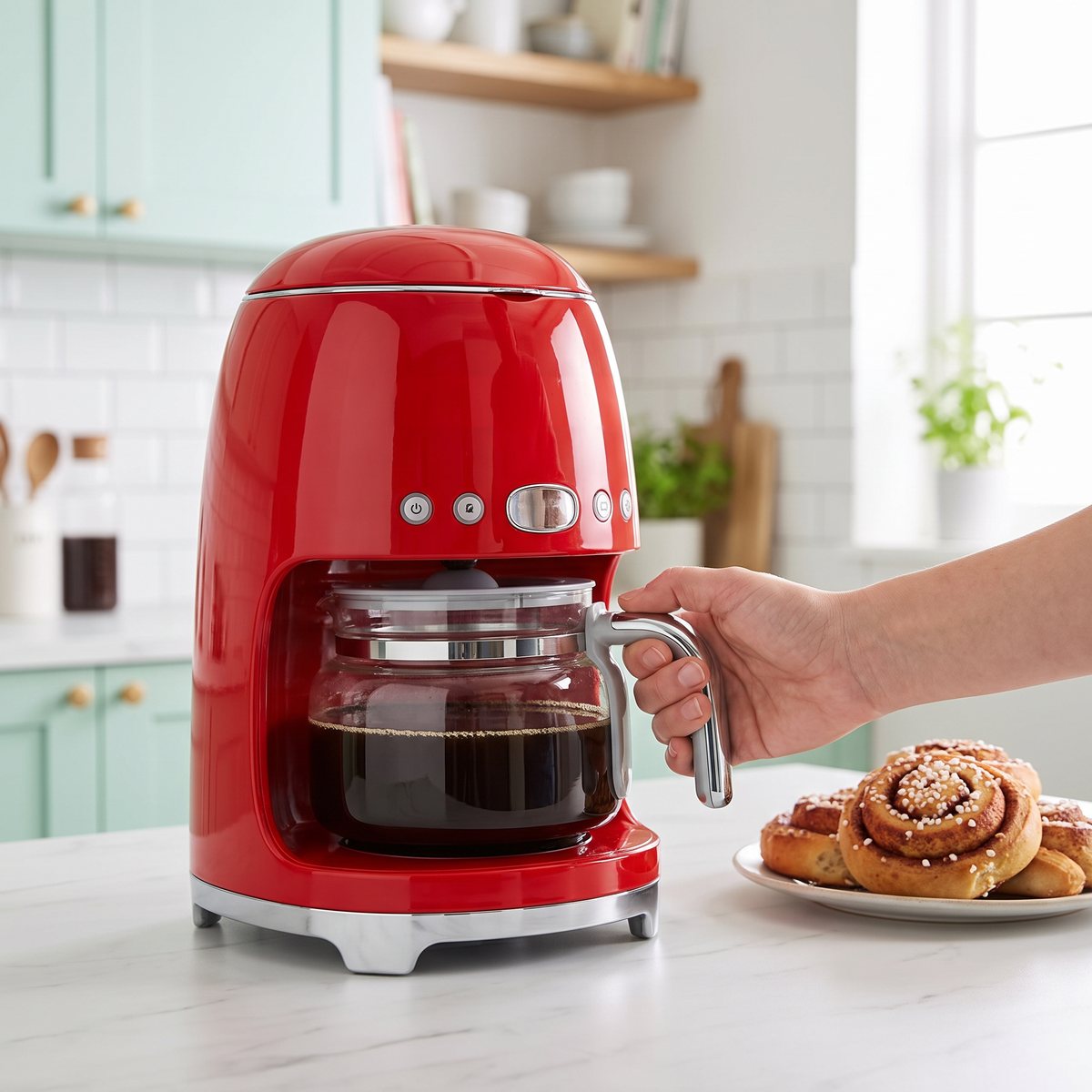 Röd Smeg-kaffebryggare i 50-talsstil där en hand lyfter glaskannan, med kanelbullar på bänken i ett ljust svenskt kök med mintgröna luckor