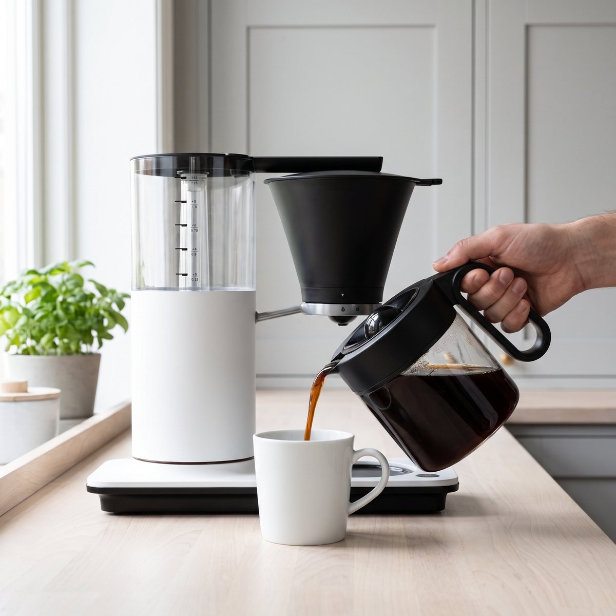 En hand häller nybryggt kaffe ur glaskannan till den vita Wilfa CM2W-bryggaren i en mugg på en ljus bänkskiva i ett svenskt kök