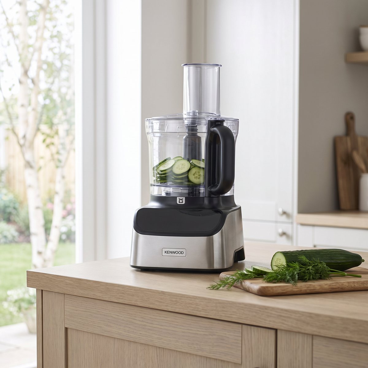 Kenwood MultiPro OneTouch matberedare på en köksö i ek med skivad gurka i skålen
