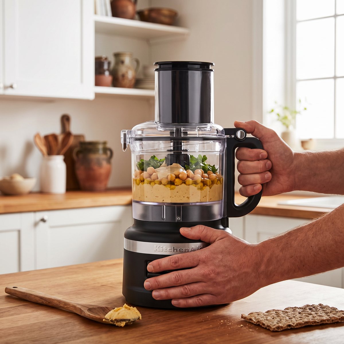 Svart KitchenAid 5KFP0719 kompakt matberedare i ett svenskt kök där hummus görs